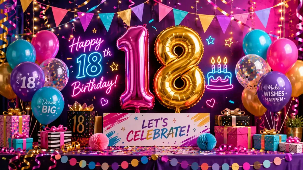 Colorful 18th birthday celebration decorations
