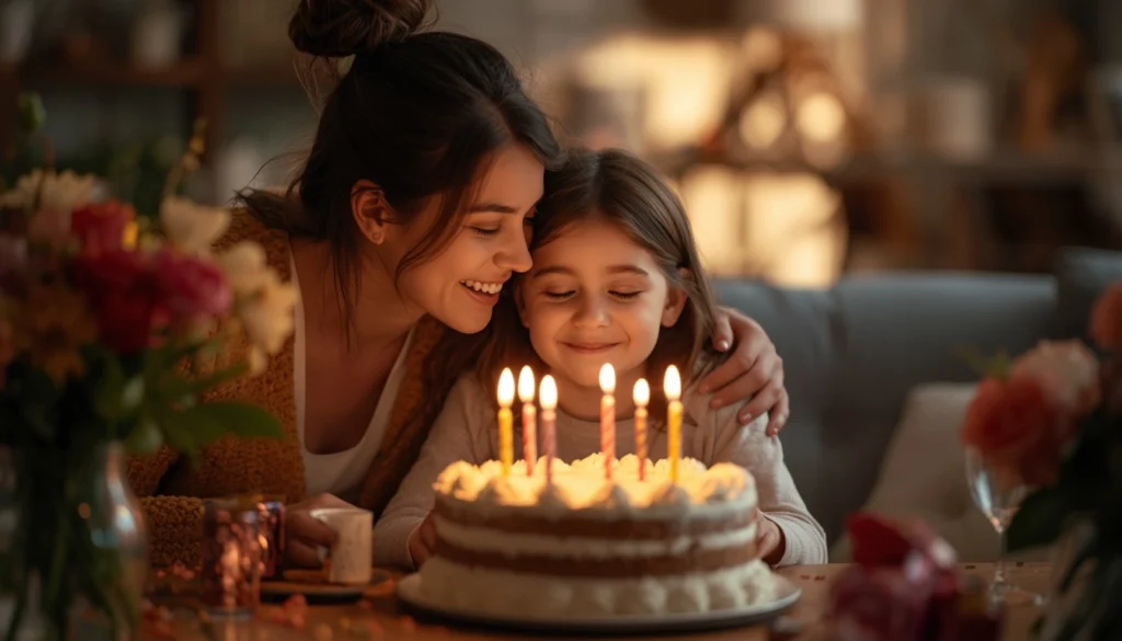 Mother and daughter celebrating a birthday with a heartfelt greeting card and family love