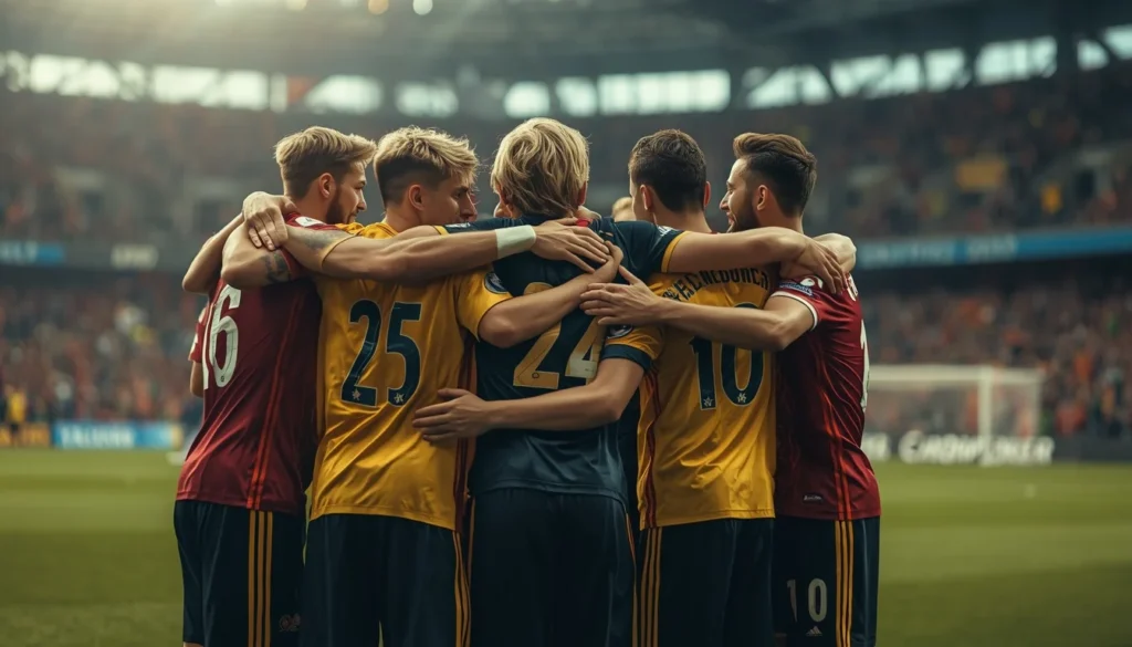 Football teammates celebrating friendship and teamwork after a successful match