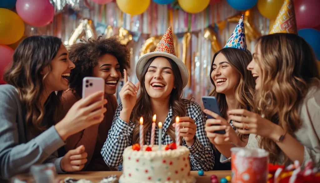 Friends celebrating a woman's birthday with laughter and social media birthday captions