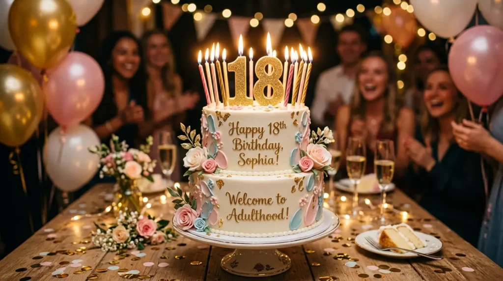 Happy 18th birthday cake with candles