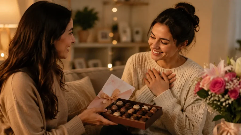 Heart touching World Chocolate Day message scene with chocolate gift, greeting card, and emotional connection between loved ones.
