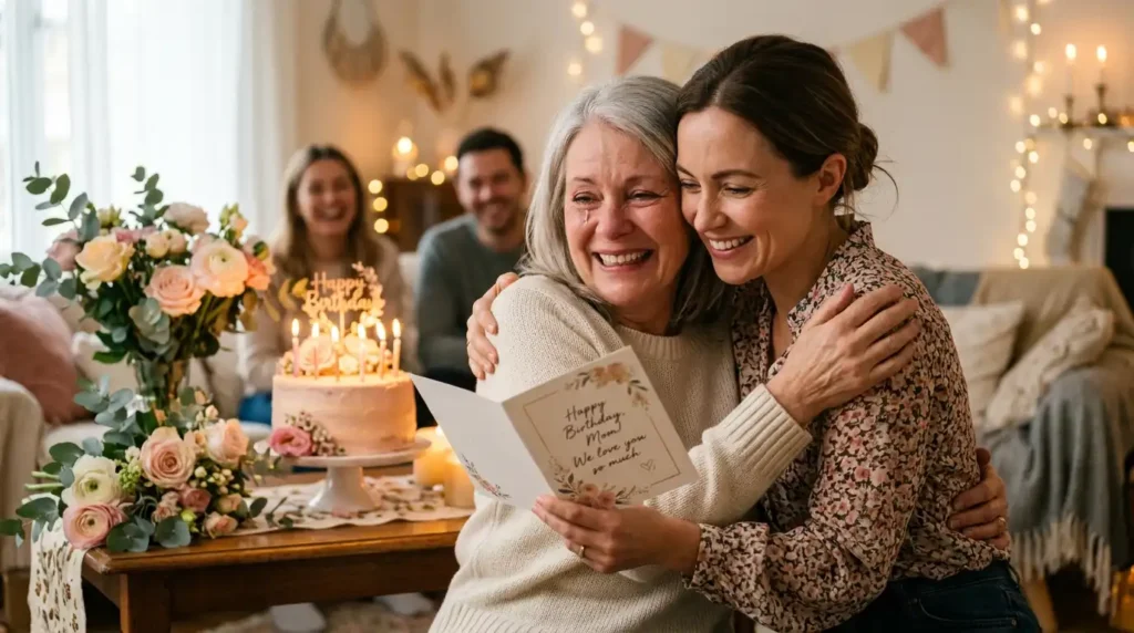 Loved ones exchanging a birthday card and sharing an emotional birthday celebration together