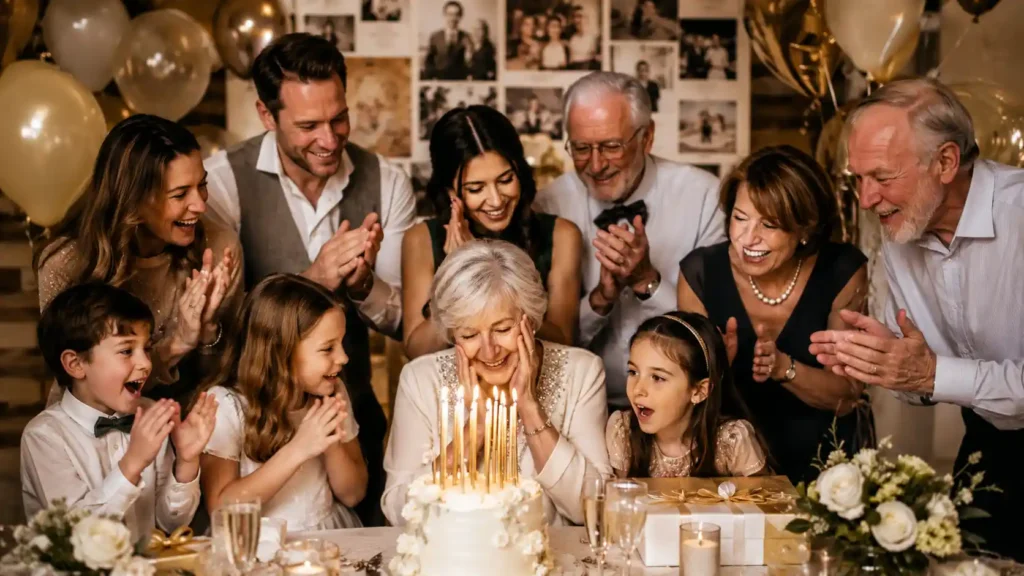 People celebrating a milestone birthday with a decorated cake, gifts, and joyful memories