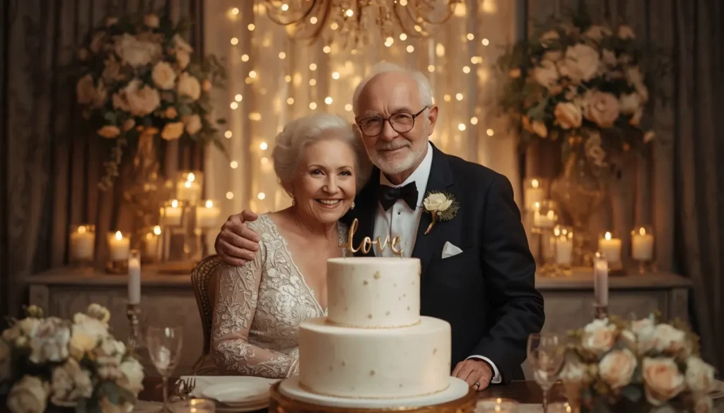 Older couple celebrating silver or golden wedding anniversary after many years of marriage
