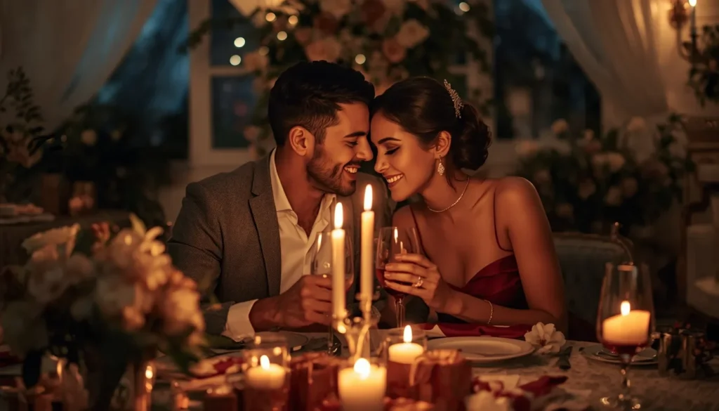 Romantic husband and wife celebrating their wedding anniversary with candlelight dinner and flowers