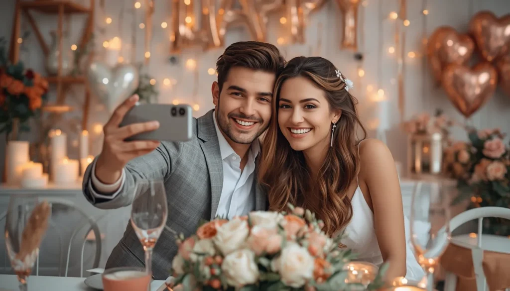 Married couple taking a romantic anniversary photo for social media celebration