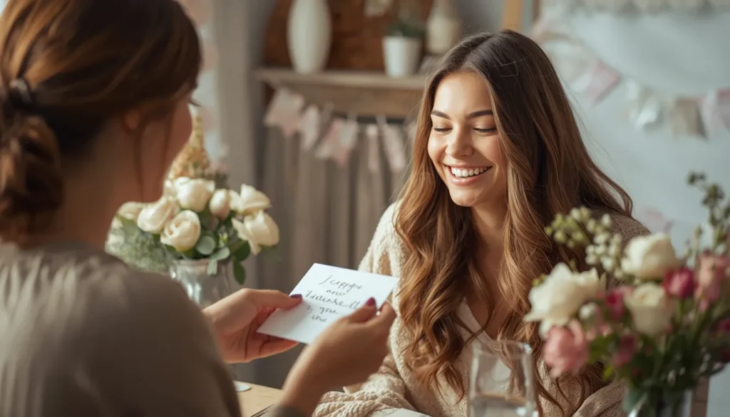 Woman receiving a sweet birthday card and flowers representing heartfelt birthday wishes for her