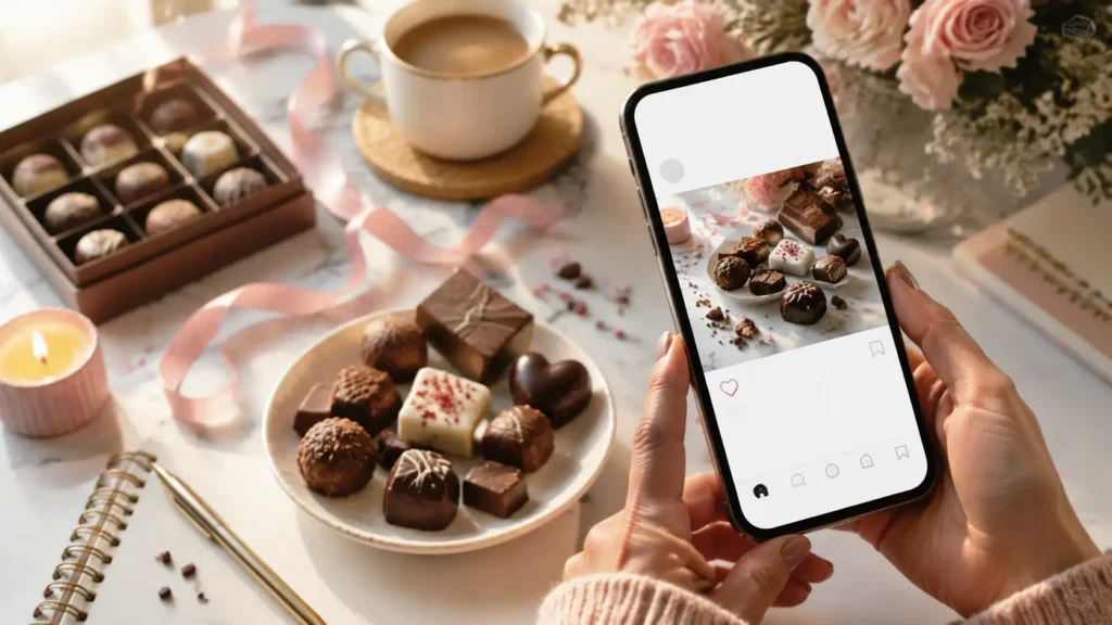 Social media themed World Chocolate Day captions image featuring chocolates, smartphone, and creative content setup.