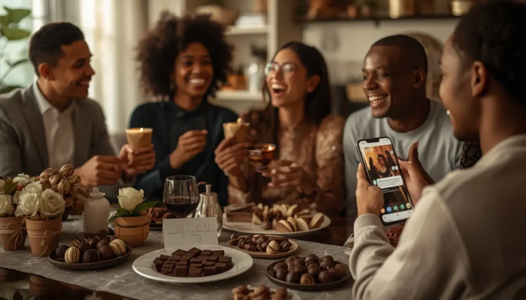 image showing chocolates, gifts, greeting cards, and people sharing sweet moments together.