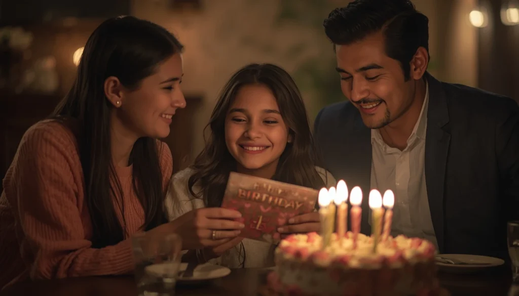 Parents sharing emotional 13th birthday wishes with their teenage daughter or son during a family celebration