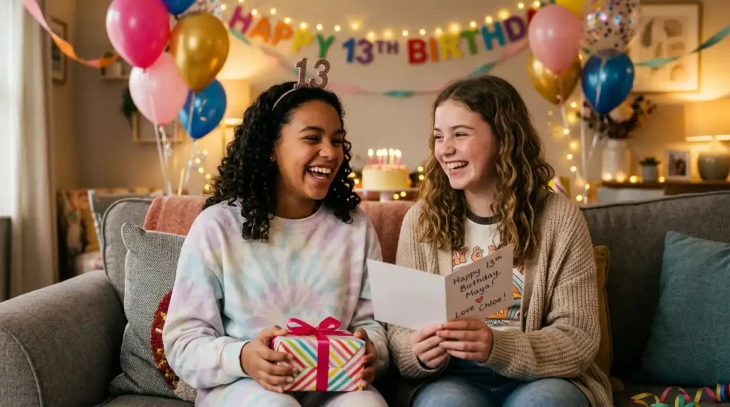 Teen friends celebrating a 13th birthday with a gift, greeting card, and happy friendship moment