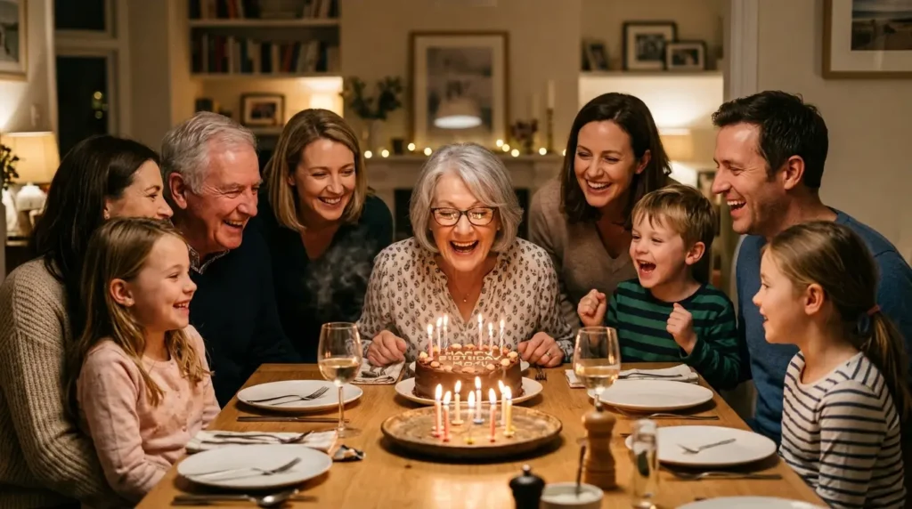 Family celebrating a birthday around a cake with lit candles