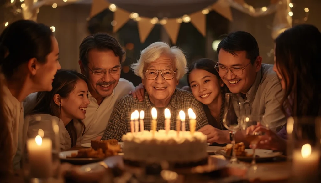 80th birthday wishes celebration with elderly person surrounded by loving family members