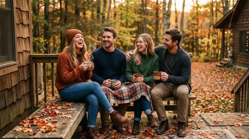 Friends laughing together over warm drinks in autumn