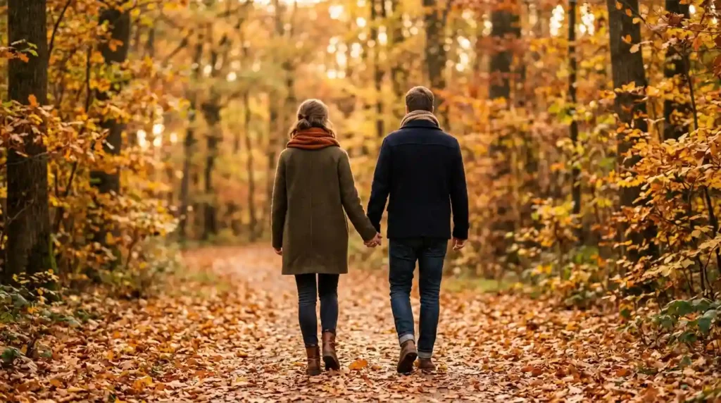Couple walking hand in hand on a leaf-covered path