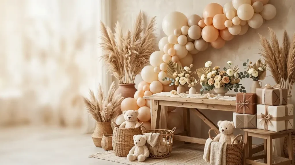 Cute baby shower decorations with teddy bear, baby shoes, balloons, and gift boxes