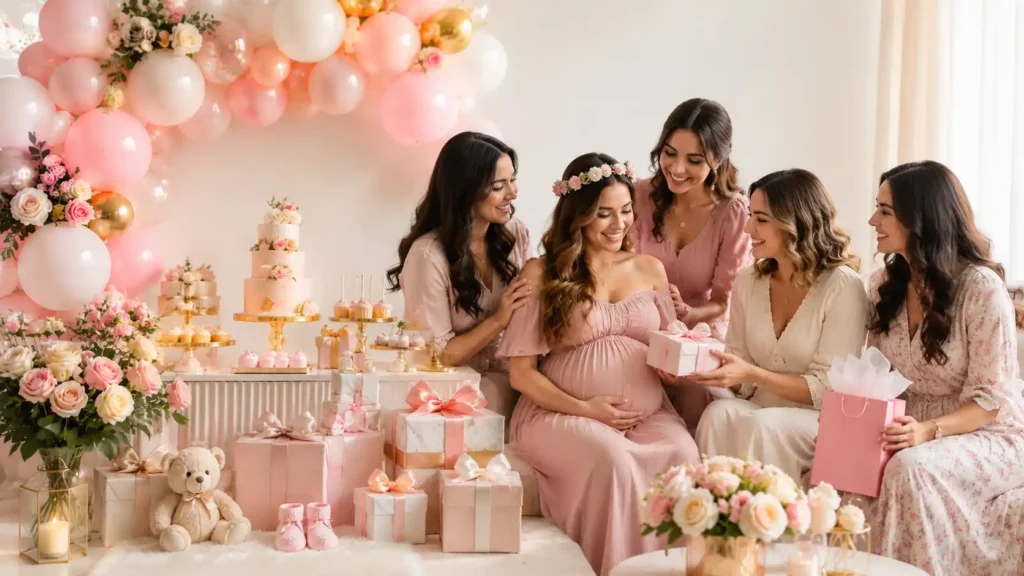 Happy baby shower event with expecting parents, family, gifts, and floral decorations