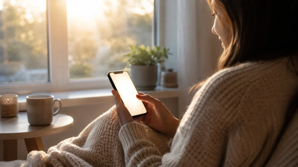 Person reading a warm Monday morning message near a window