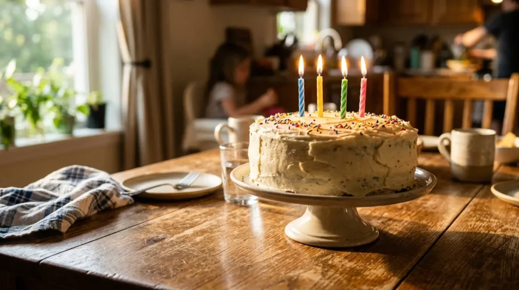 Birthday cake with lit candles on a wooden table in warm light