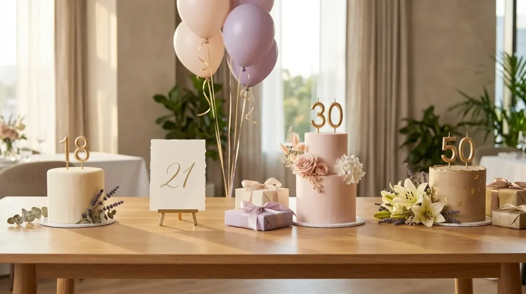 Milestone birthday decorations with number candles for different birthday ages.