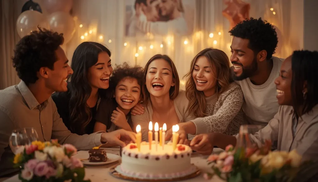 Friends and family celebrating a loved one’s birthday with cake and gifts.