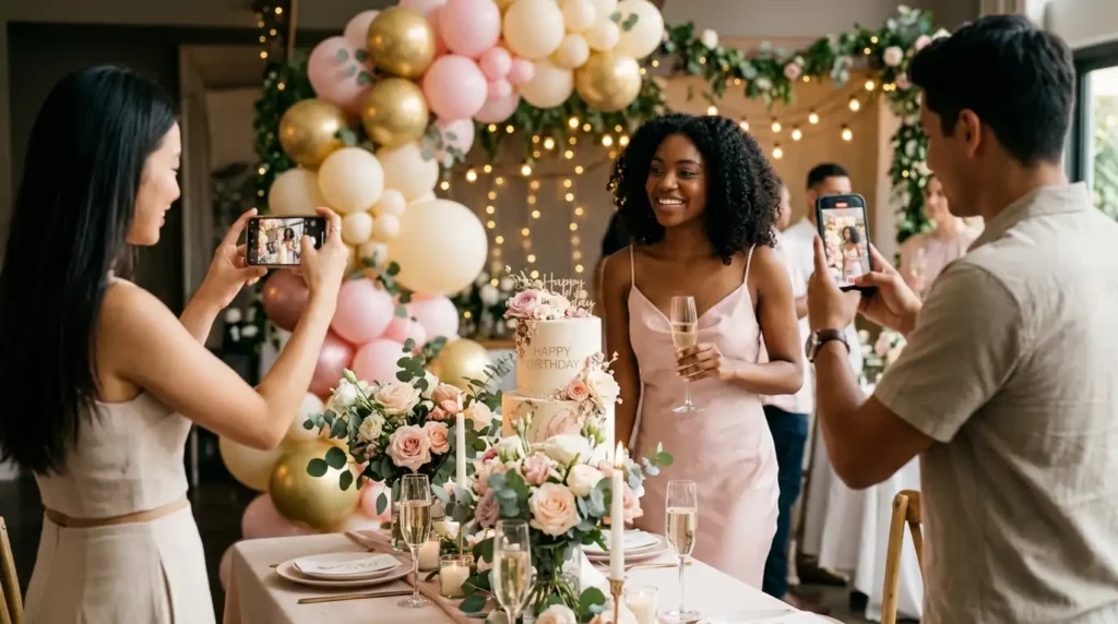 Friends taking birthday photos and videos for Instagram posts, Stories and Reels.