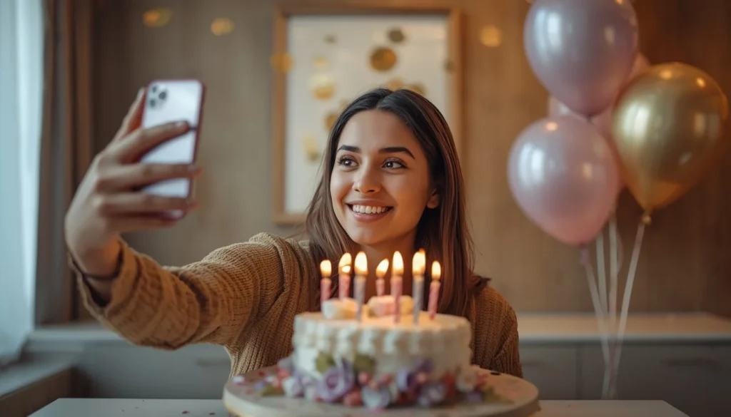 Person taking a birthday selfie beside a cake, balloons and glowing candles.