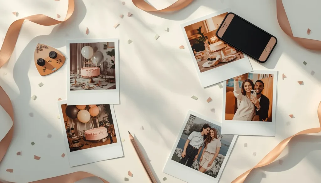 Birthday photo collection featuring cake, gifts, friends, dinner and party memories.