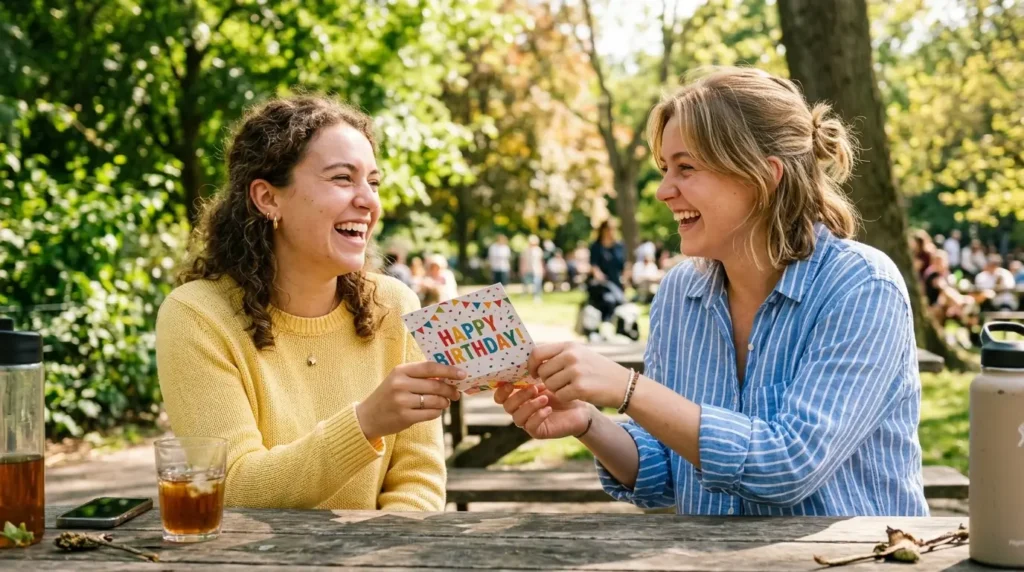 Two friends laughing while exchanging a birthday card outdoors.