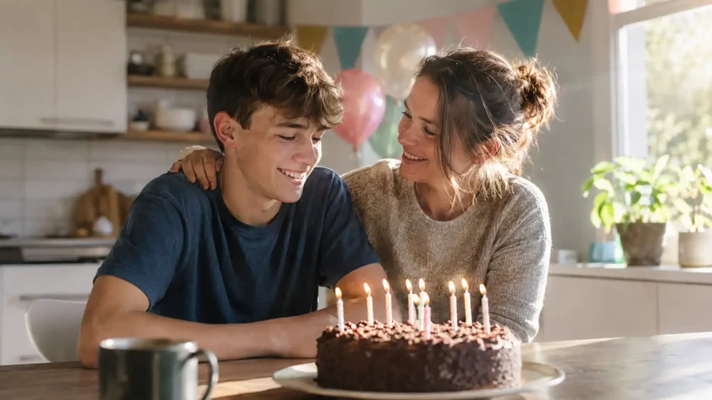Mother celebrating her teenage son with heartfelt birthday wishes.