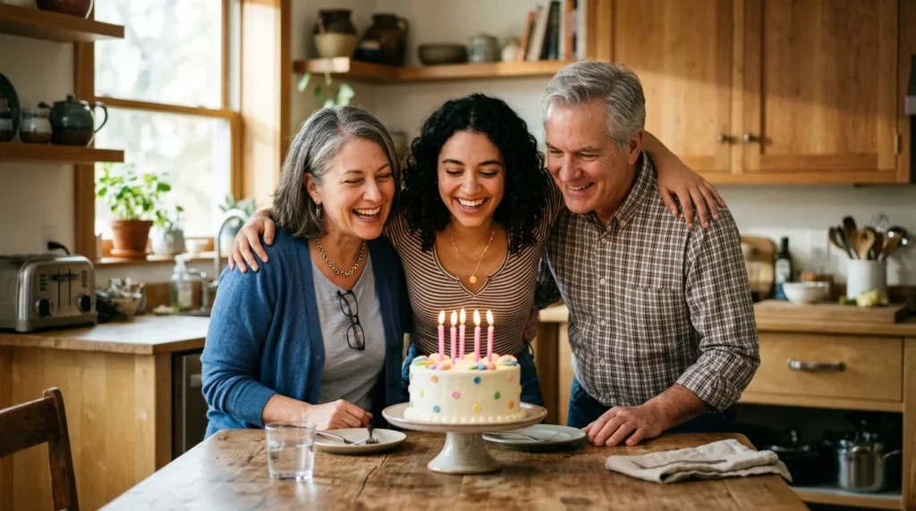 Mom and dad standing beside their daughter at a birthday cake with lit candles