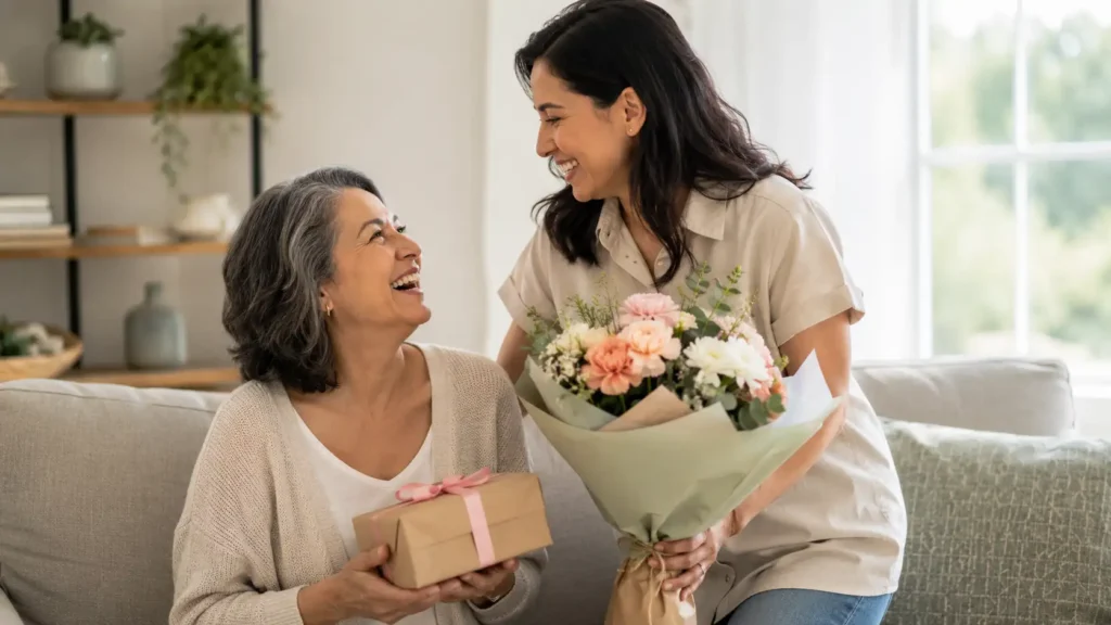 Daughter giving flowers and a birthday gift to her mother.