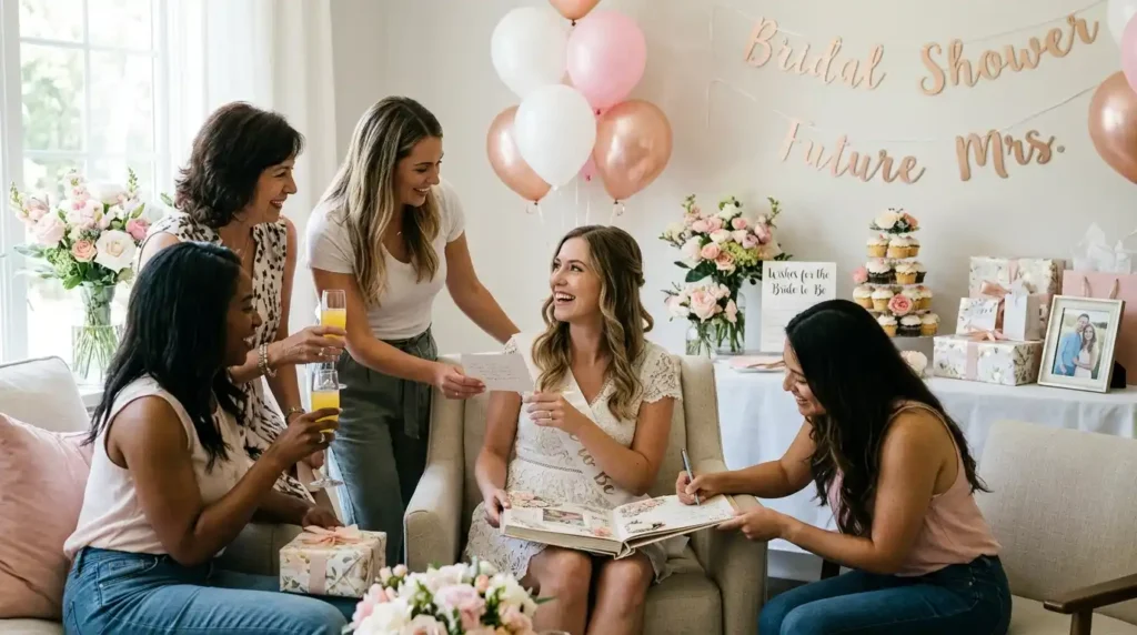 Bride-to-be smiling with friends during a warm bridal shower celebration.