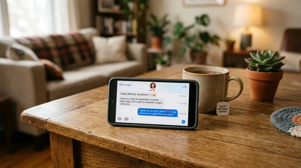 Smartphone on a table displaying a birthday text message conversation.