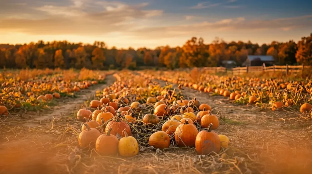 Golden hour view of a quiet pumpkin patch