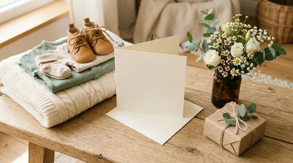 New baby greeting card with tiny shoes, flowers, baby clothes, and a thoughtful gift.