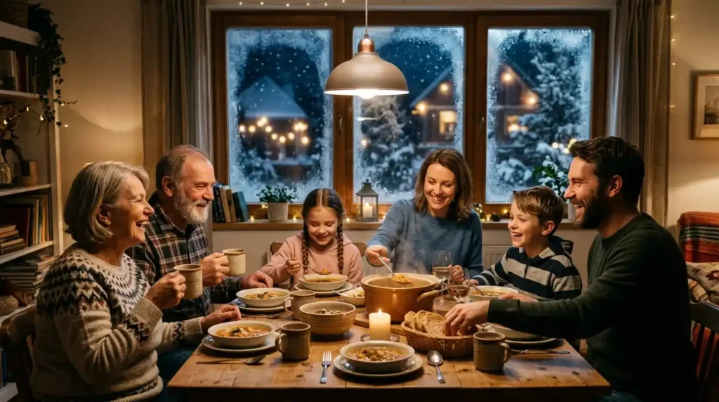 Family sharing a warm meal together during winter.