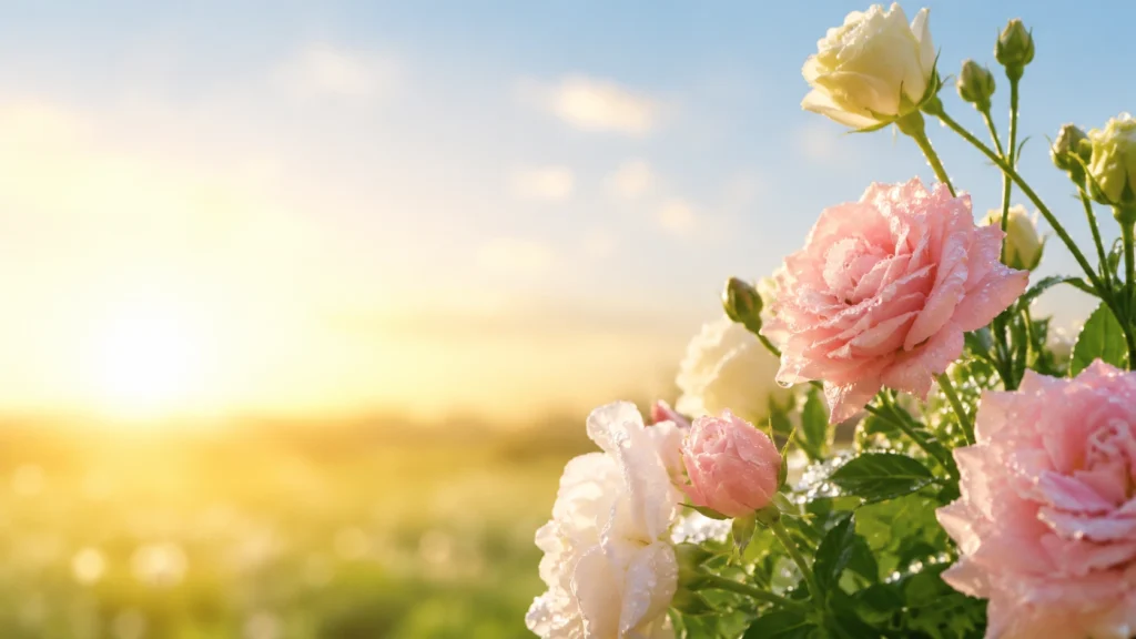 Fresh Monday flowers with morning dew and soft sunlight.