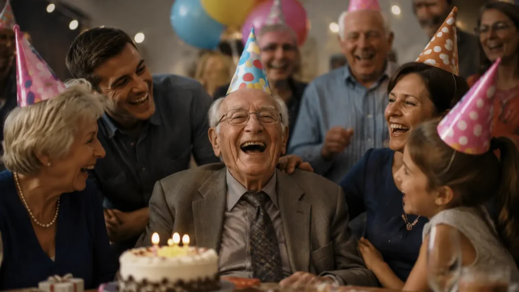 Funny 80th birthday celebration with elderly person enjoying a joyful family party