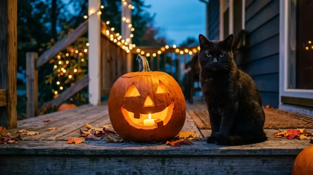 Lopsided jack-o'-lantern on a porch with a cat nearby
