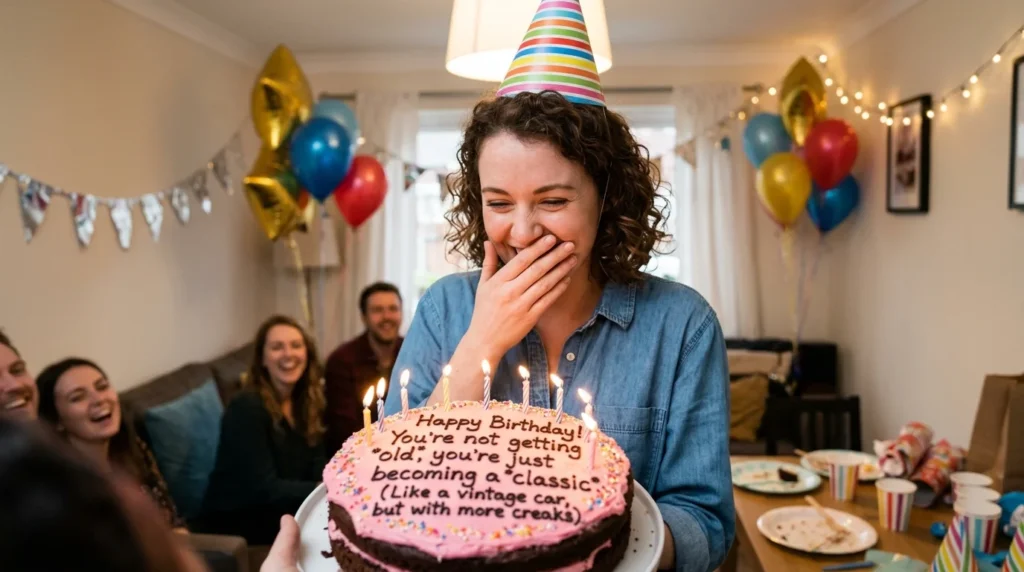 Some best friends laughing at a birthday party with cake, balloons, and gifts, representing funny birthday wishes for a best friend.
