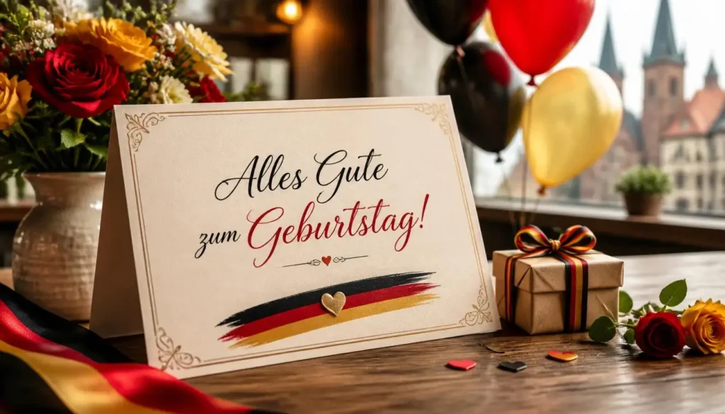 How to say happy birthday in German with a traditional birthday card and celebration setup