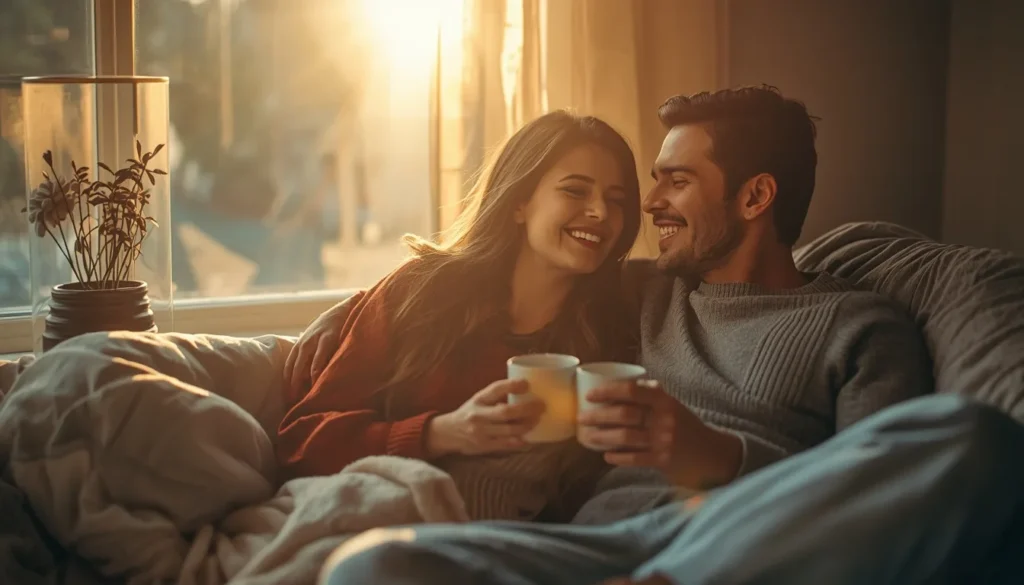 Couple sharing a peaceful morning moment representing good morning and good night relationship messages.