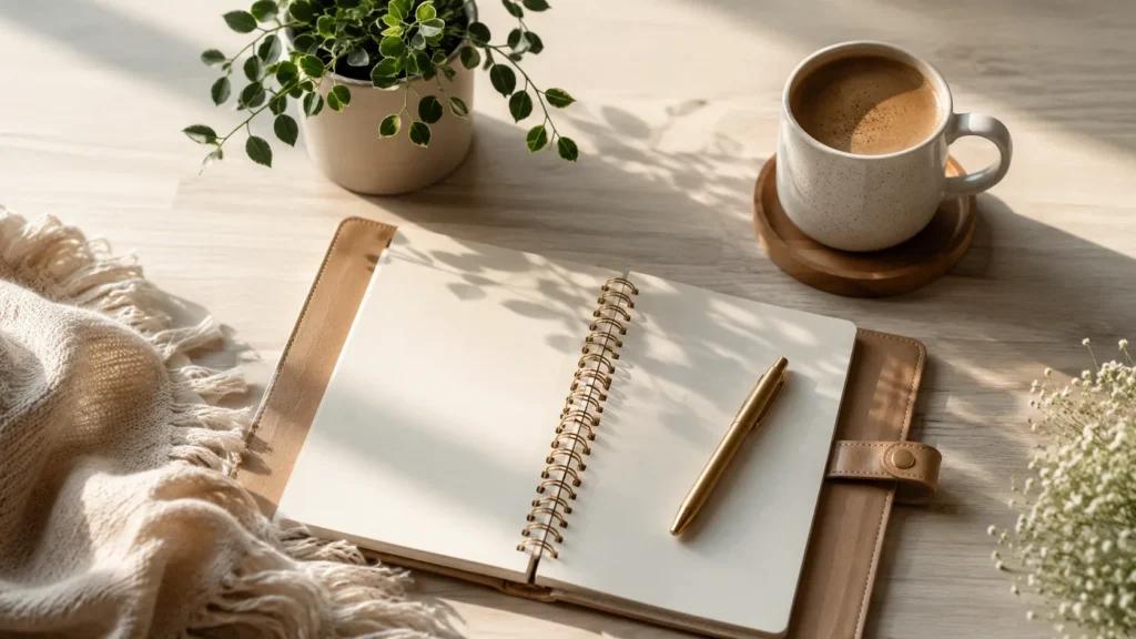 Monday planner with coffee and plant in soft morning light