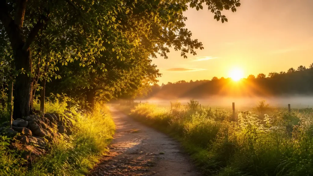 Peaceful sunrise path symbolizing a fresh Monday start