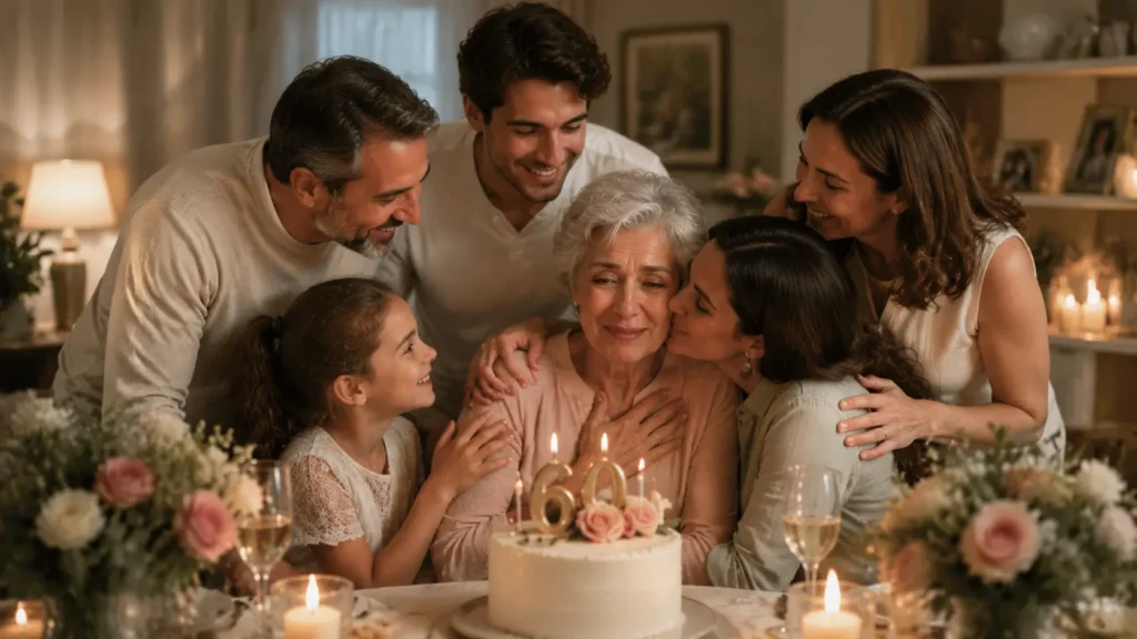 Heart-touching 60th birthday celebration with a joyful senior person surrounded by family, sharing love and emotional moments around a birthday cake.