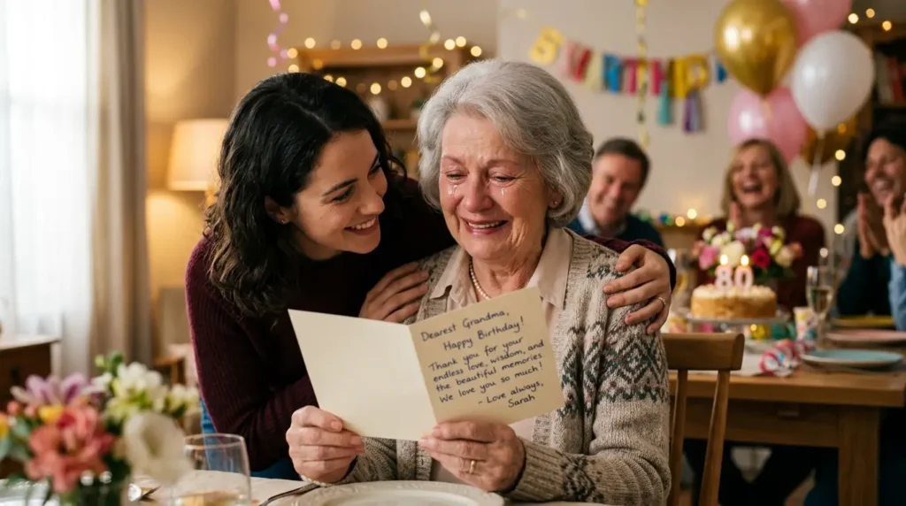 Heart-touching 80th birthday wishes with elderly person receiving a heartfelt card from family