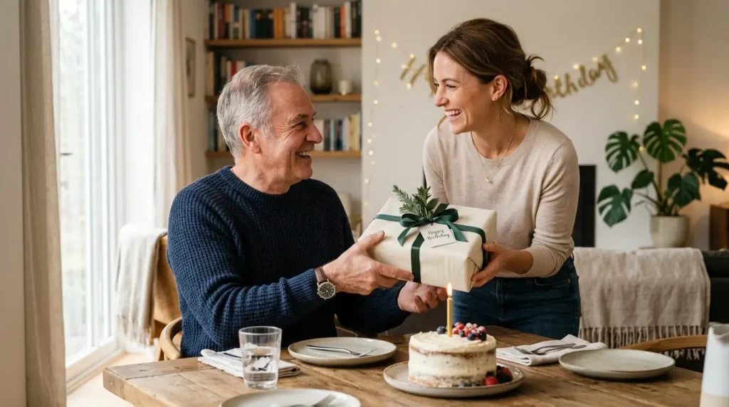 Father and daughter sharing a happy birthday moment with a cake and gift