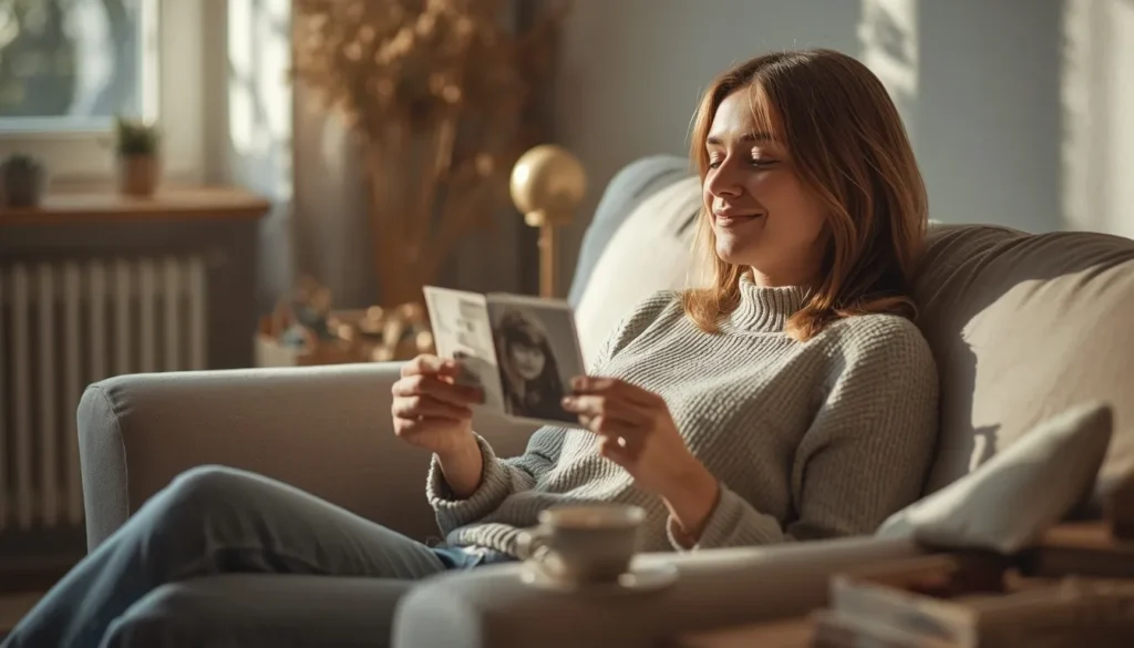 Person looking at an old photograph while remembering someone they deeply miss.